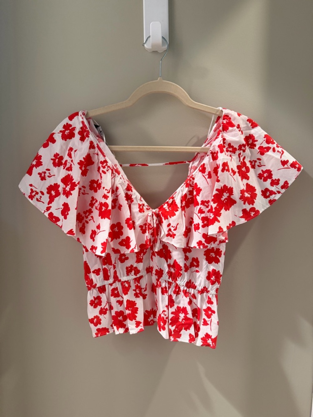 Zara White Crop Top with Red Floral Print
